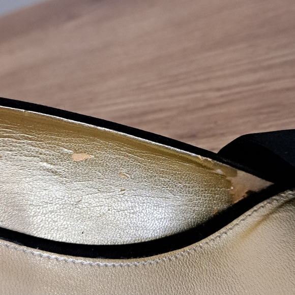 J. Crew Black Heels Women's Size 8 Fabric Upper Bow Open Toe Gold Made in Italy - Picture 13 of 16